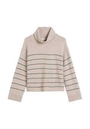 Sweater en tricot beige avec col roulé, orné de rayures horizontales gris foncé, à manches longues et à coupe décontractée. Texture douce.