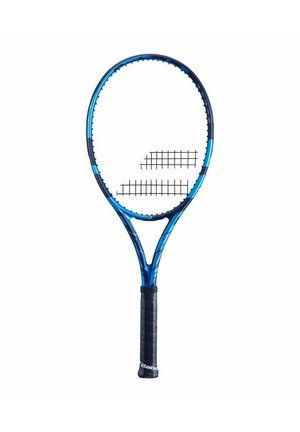 Tennisracket met een blauw en zwart frame, ovale kop en een gestructureerde zwarte greep. Bevat een gridpatroon op het snarenbed.