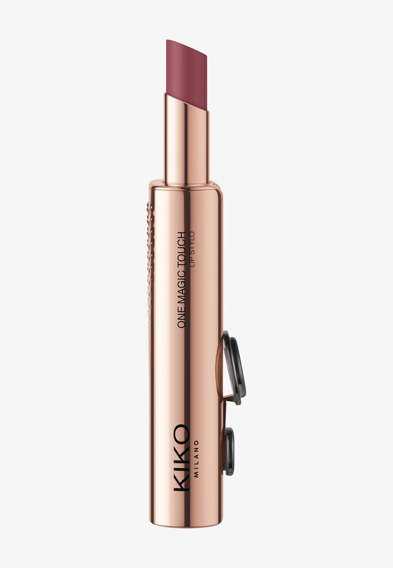 Tubetto in oro rosa del rossetto KIKO Milano One Magic Touch con tonalità malva estesa e clip nero attaccato.