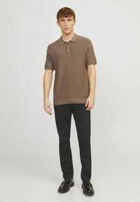 Polo shirt marrone con trama, colletto, due bottoni e maniche corte, abbinato a pantaloni neri e scarpe nere. Design minimalista.