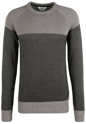 Dark gray sweater with a light gray stripe across the chest. Textured knit fabric, round neckline, and ribbed cuffs and hem.