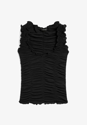 Černý top bez rukávů s volánkovým výstřihem a texturovanou tkaninou s vertikálním nařasením. Přední a zadní strana jsou navrženy podobně.