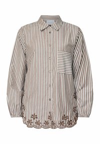 Skjorte med knapper i brunt og hvidt stribet bomuld. Har en brystlomme med striber, indsamlede ærmer og blomsterbroderi ved kanten.