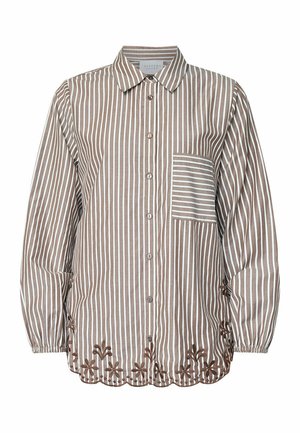 Skjorte med knapper i brunt og hvidt stribet bomuld. Har en brystlomme med striber, indsamlede ærmer og blomsterbroderi ved kanten.