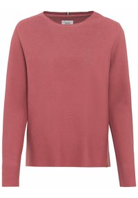 Pull à manches longues col rond couleur rose poussiére avec une texture en maille fine et un ourlet droit.