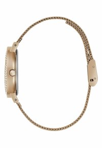 Orologio in tono oro con cassa rotonda, dettagli in cristallo e cinturino a maglia textured. Presenta un design classico con una finitura liscia.