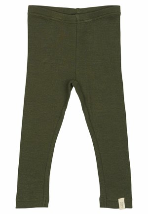 Grüne gerippte Leggings mit einem dehnbaren Bund und einem kleinen Etikett mit "PP" am unteren Saum.