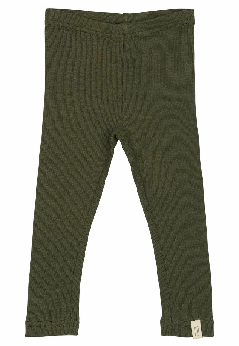 Zöld bordázott leggings rugalmas derékkal és egy kis címkével, amelyen a "PP" felirat szerepel az alján.