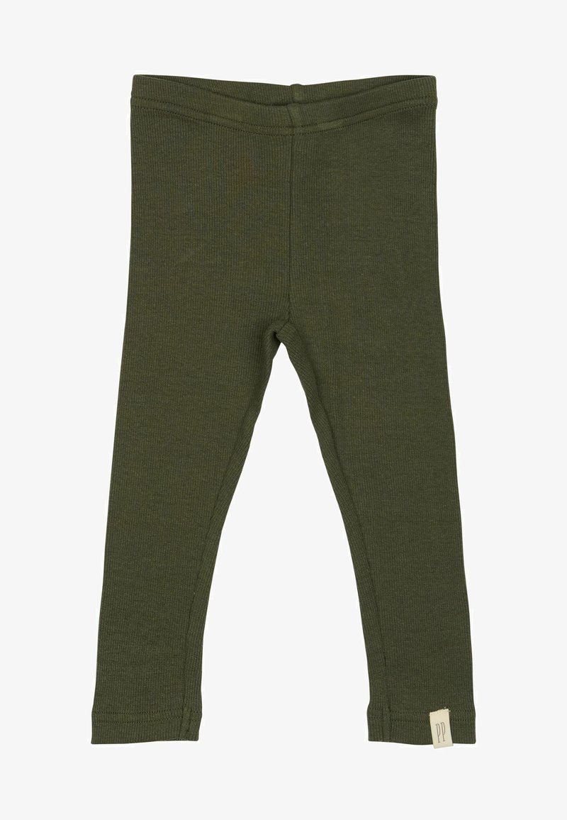 Zöld bordázott leggings rugalmas derékkal és egy kis címkével, amelyen a "PP" felirat szerepel az alján.