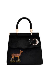 Black suede handbag with a structured shape, featuring embroidered deer and moon designs, gold-tone hardware, and a smooth handle.