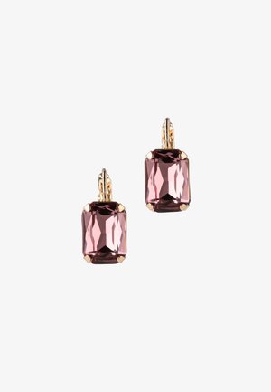 Gold-toned earrings featuring rectangular faceted pink gemstones, held in place with four prongs. Smooth metal finish.