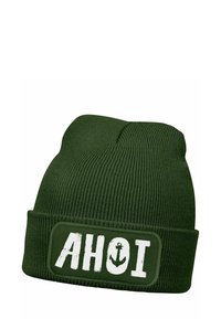 Green knit beanie with a ribbed texture and a folded cuff featuring the word "AHOI" and an anchor graphic in white.