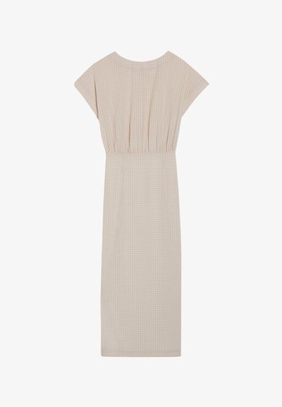 Beige gingham midi-jurk met kapmouwen, aangetrokken taille en een gladde textuur. Eenvoudig, onversierd ontwerp, geschikt voor casual kleding.