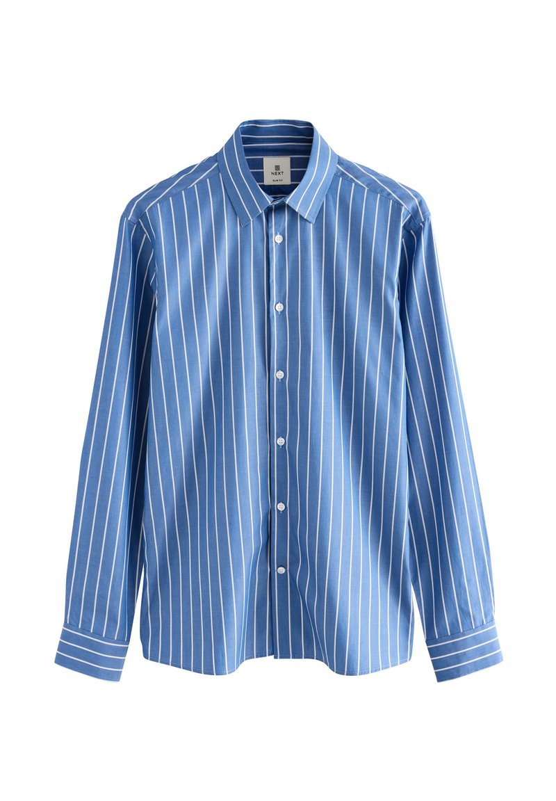 Blaues Langarmhemd mit weißen vertikalen Streifen, Knopfleiste vorne und spitzem Kragen; aus glattem Baumwollstoff gefertigt.