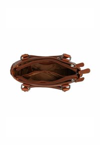 Brown leren handtas met twee ritsvakken, verstelbare schouderbanden en hardware in zilverkleur. Gladde textuur, rechthoekige vorm en zichtbare binnenvoering.