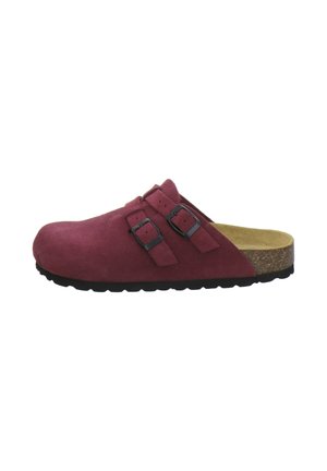Closed-toe burgundy suede slip-on clog with two adjustable black buckles and cork sole with black ridged outsole.
