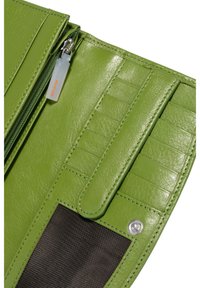 Green leather wallet featuring a zip closure, card slots, and a black mesh pocket. Smooth texture with stitching details and metallic snap.