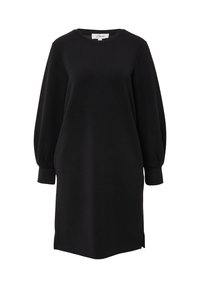Schwarzes Sweatshirt-Kleid aus weichem Material, mit Rundhalsausschnitt, langen Puffärmeln und Seitenschlitzen am Saum für zusätzlichen Komfort.