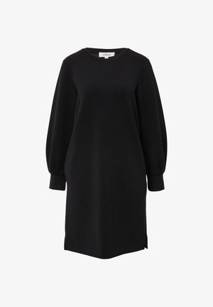 Vestido sudadera negro hecho de un tejido suave, con cuello redondo, mangas largas abullonadas y aberturas laterales en el dobladillo para mayor comodidad.