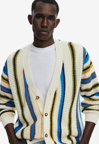 Cardigan lavorato a maglia con vestibilità morbida, caratterizzato da strisce multicolori in blu, marrone, verde e crema, con chiusura a bottoni a V in crema.
