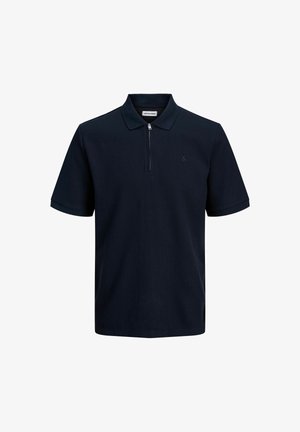 Navy blue polo shirt made from textured fabric, featuring a zippered collar and short sleeves. Small logo on the left chest.