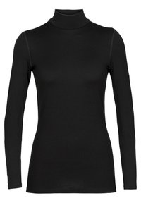Sort langærmet poloshirt lavet af et glat, strækbart materiale. Har et tætsiddende design med sømløse skuldre og en høj hals.