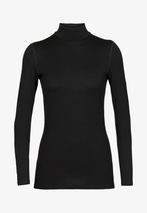 Schwarzes langärmliges Rollkragenoberteil aus einem glatten, elastischen Stoff. Es verfügt über ein tailliertes Design mit nahtlosen Schultern und einem hohen Kragen.