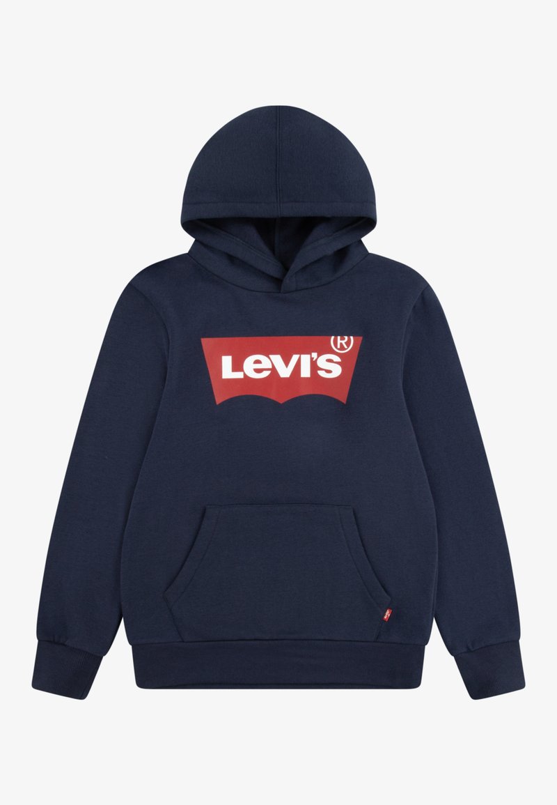 Sudadera con capucha de color azul marino, con un bolsillo tipo canguro en el frente, que presenta un gran logotipo rojo de Levi's en el pecho y puños de canalé. Tejido suave.