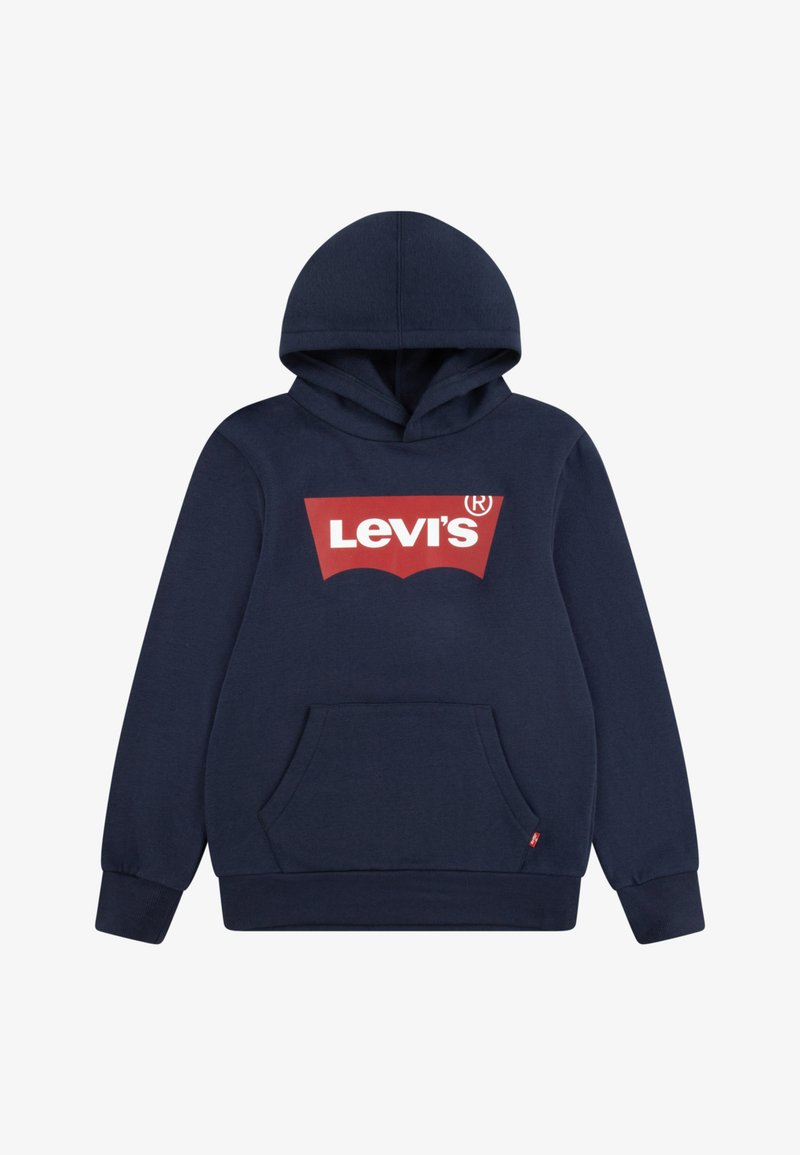 Sudadera con capucha de color azul marino, con un bolsillo tipo canguro en el frente, que presenta un gran logotipo rojo de Levi's en el pecho y puños de canalé. Tejido suave.