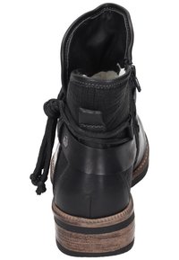 Black leather ankle boot with textured accents, a side zipper, and a decorative outer lace. Features a stacked heel and soft lining.