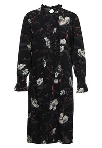 Robe midi noire à manches longues avec motif floral blanc et rose, col montant à volants et poignets froncés.