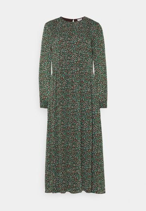 Langärmeliges Midikleid mit Rundhalsausschnitt, braunem Grundton und verstreutem kleinem abstraktem Blumenmuster in Türkis, Weiß und Schwarz.
