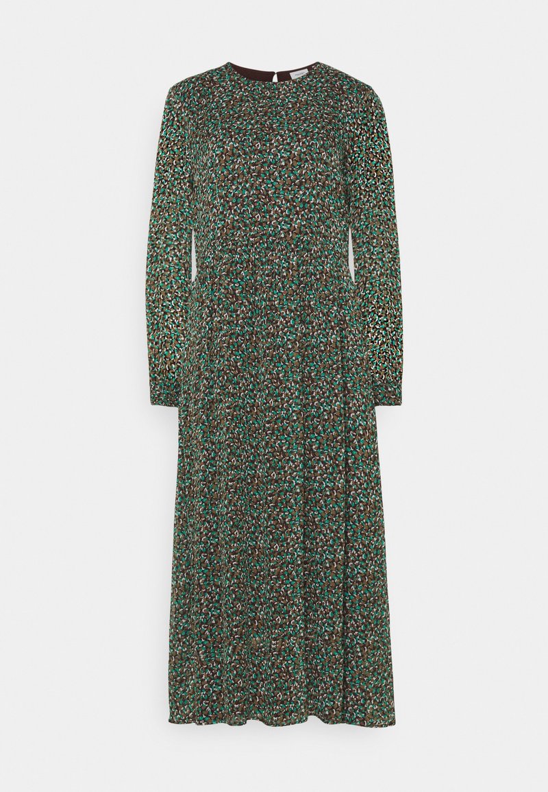 Robe midi à manches longues avec encolure ronde, base marron, et motif floral abstrait dispersé en petits touches turquoises, blanches et noires.