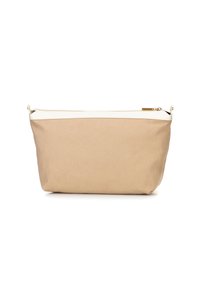 Beige canvas tas met een witte rits bovenaan. Zachte textuur, rechthoekige vorm en hardware met goudkleurige details. Eenvoudig en functioneel ontwerp.