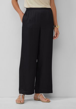 Black wide-leg pants in a lightweight fabric with an elastic waistband and side pockets, featuring a smooth texture and flowing design.