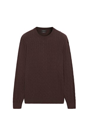 Maglione marrone a trecce con maniche lunghe e scollo e orlo a coste. Motivo tessuto strutturato con silhouette aderente e confortevole.
