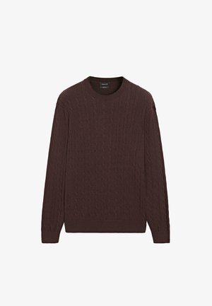 Brauner Strickpullover mit Zopfmuster, langen Ärmeln sowie geripptem Ausschnitt und Saum. Strukturierte Stoffstruktur mit gemütlicher, figurbetonter Silhouette.