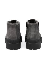 Stivaletti alla caviglia in suede grigio con finitura texturizzata, dotati di una robusta suola in gomma nera e tacco arrotondato, mostrati da dietro.