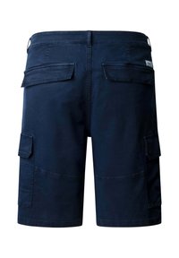 Tumesinised mereväe kaubashortsid vööaasadega, kahe tagumise klapiga tasku ja külgmiste klapiga taskutega, nähtavad tagantpoolt.