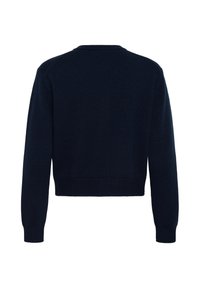 Pull en maille bleu marine à manches longues avec poignets et ourlet côtelés, vu de dos sur fond blanc.