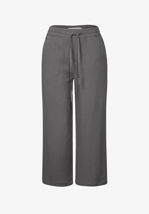 Gray, wide-leg trousers made of textured fabric; features an elastic waistband with a drawstring and subtle brand detailing.