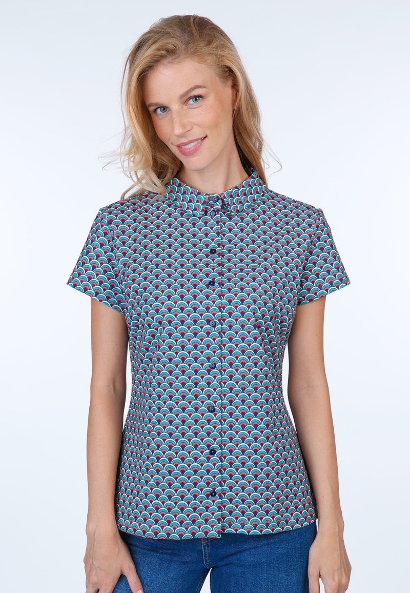 Short-sleeve button-up shirt in blue with a multicolored wave pattern. Features a stand collar and smooth, lightweight fabric.