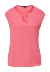 Rosa Bluse mit kurzen Ärmeln und V-Ausschnitt sowie satiniertem Kragen. Weicher, glatter Stoff mit lockerer Passform, der knapp über der Taille endet.