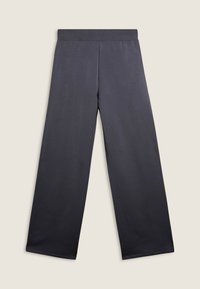 Pantaloni larghi grigio scuro realizzati in tessuto morbido con fascia elastica in vita, caratterizzati da una superficie liscia e un design senza cuciture.