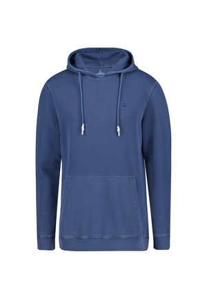 Navy blue hoodie made of cotton with a front pocket, drawstring hood, and ribbed cuffs. Features a small logo on the chest.