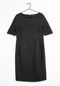 Schwarzes kurzärmliges Kleid mit rundem Ausschnitt, engem Oberteil und glatter Textur, ausgestattet mit einem Reißverschluss in der Mitte des Rückens und knielangem Saum.