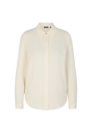Beige Langarm-Hemd mit Knopfleiste und spitzem Kragen, das über eine glatte Stofftextur und einen dezenten Glanz verfügt, einen abgerundeten Saum und Einknopf-Manschetten hat.