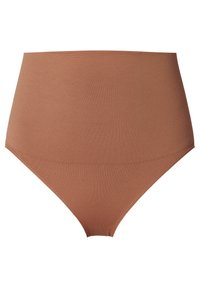 Hoge, bruine katoenen onderbroek met een zachte, geribbelde textuur en subtiele glans, voorzien van een gladde tailleband voor comfort.