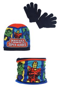 Cappello lavorato a maglia, guanti e copricollo a tema supereroi Marvel Comics. Presenta personaggi colorati su uno sfondo blu e rosso.