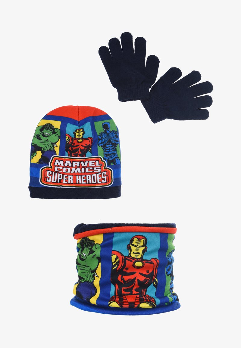 Marvel Comics superhero-themed knit hat, gloves, and neck gaiter. Features colorful characters on a blue and red background.